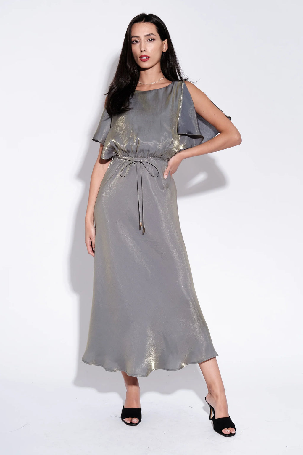 Basford Iridescent Cape Sleeve Midi Dress in Green