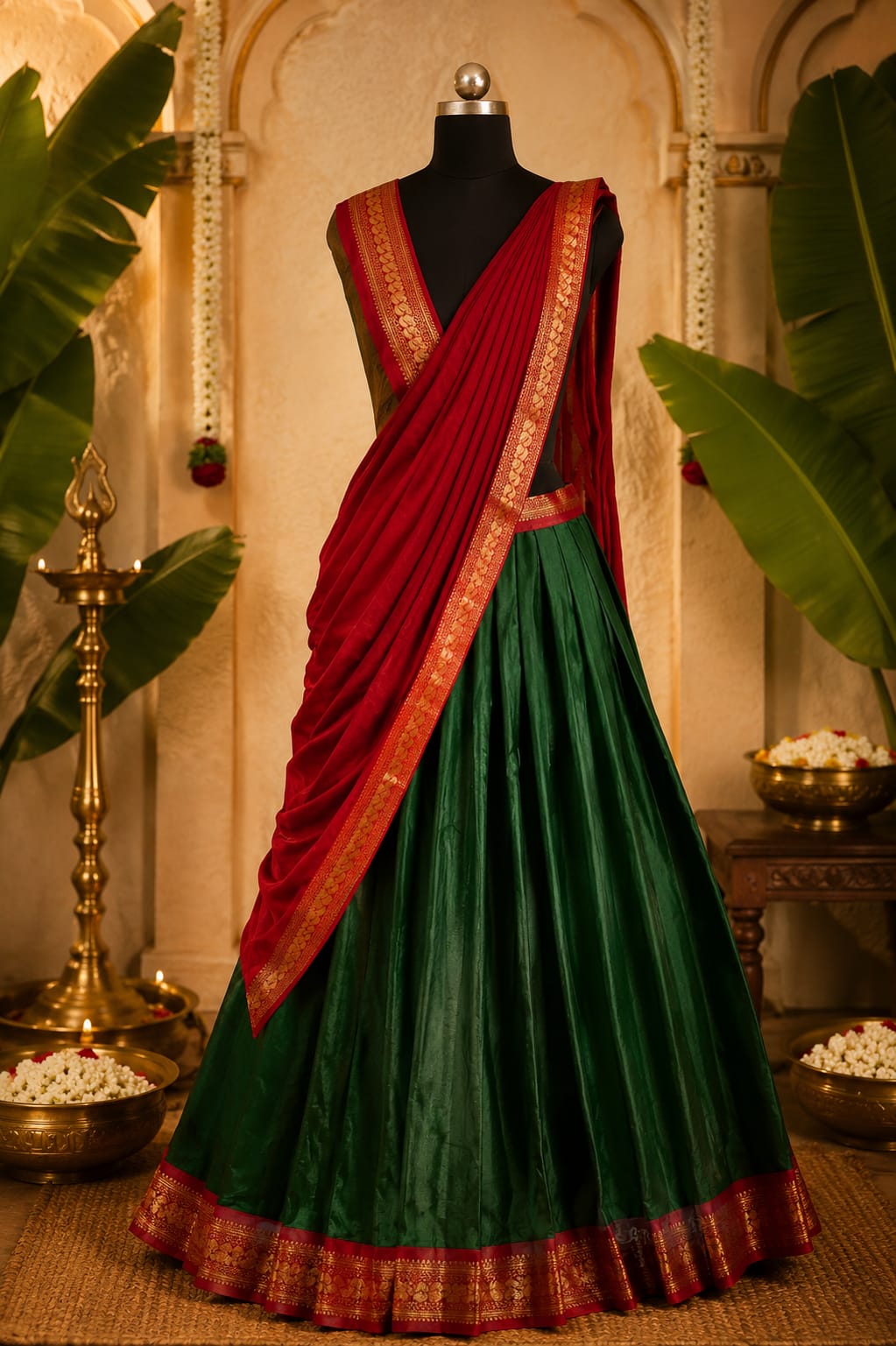 Dark Green Red Kerala Half Saree Set for Women | South Indian Traditional Half Saree | Ready-to-Wear Skirt & Dupatta | Unstitched Blouse