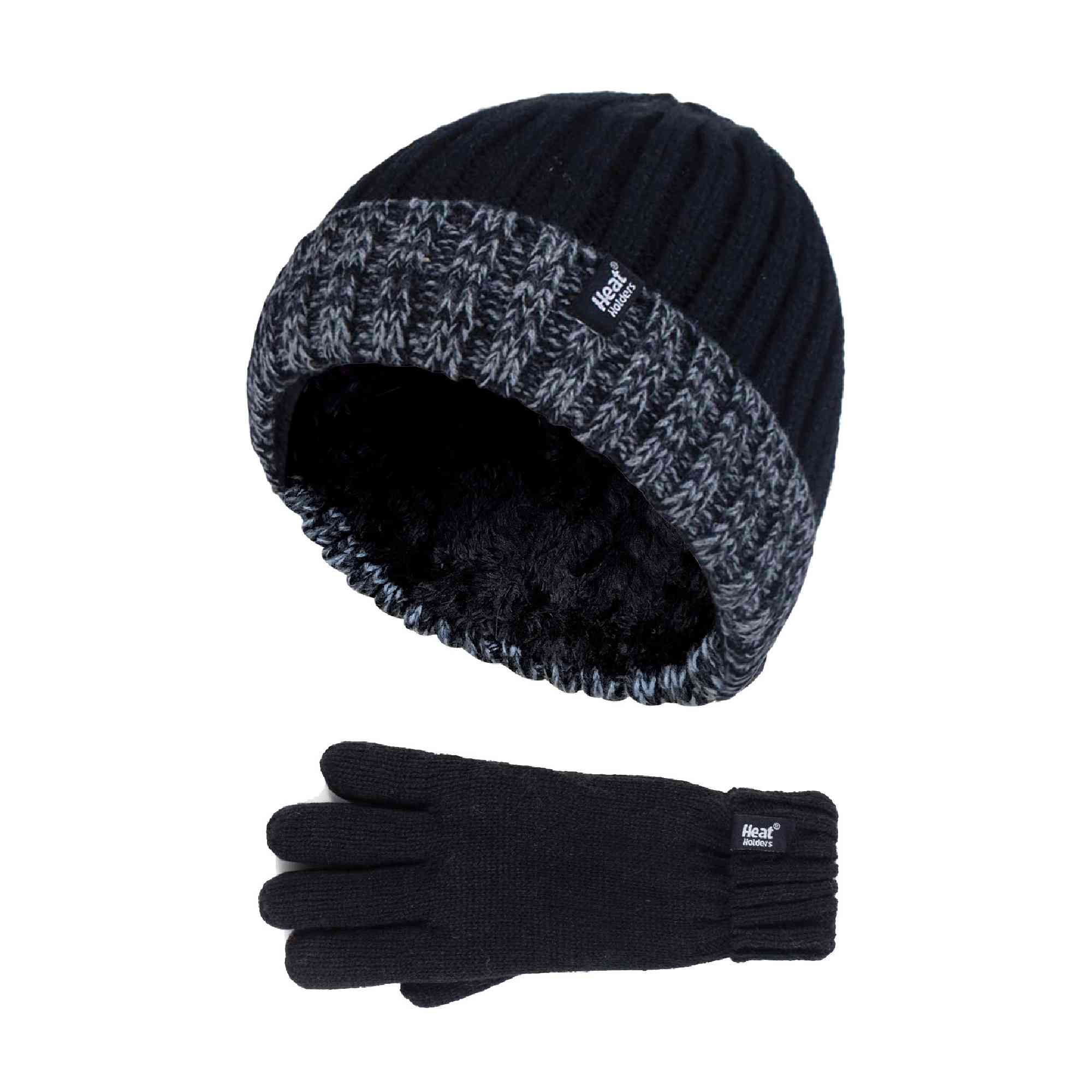 Children Winter Warm Fleece Lined Knit Turn Over Cuff Ribbed Hat & Gloves Set