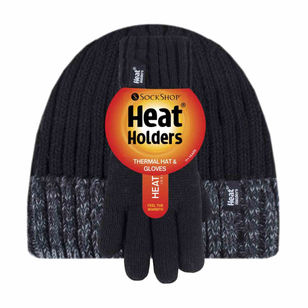 Children Winter Warm Fleece Lined Knit Turn Over Cuff Ribbed Hat & Gloves Set