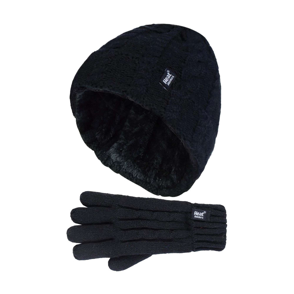 Kids Girls Cable Knitted Warm Fleece Lined Winter Hat & Gloves Set