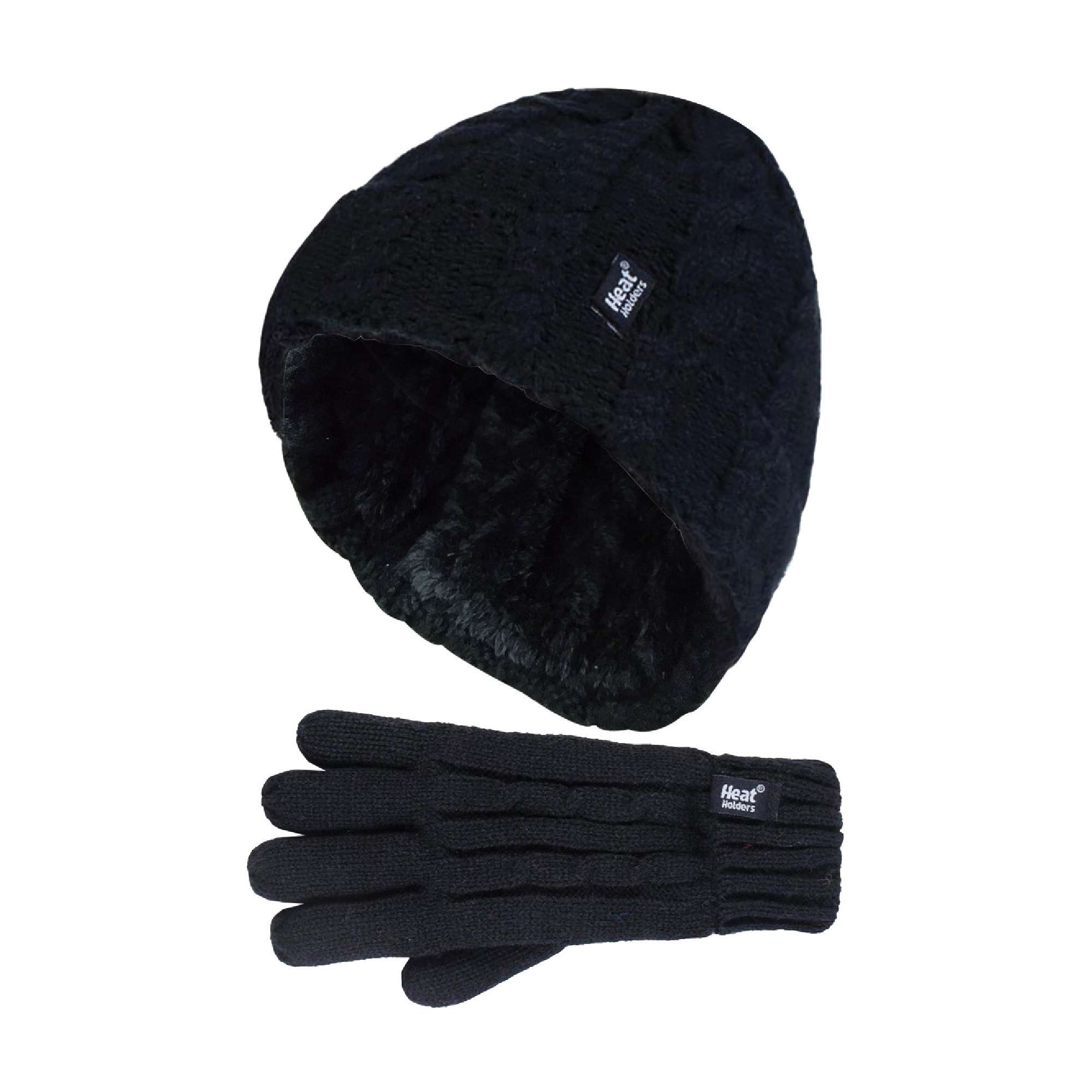 Kids Girls Cable Knitted Warm Fleece Lined Winter Hat & Gloves Set
