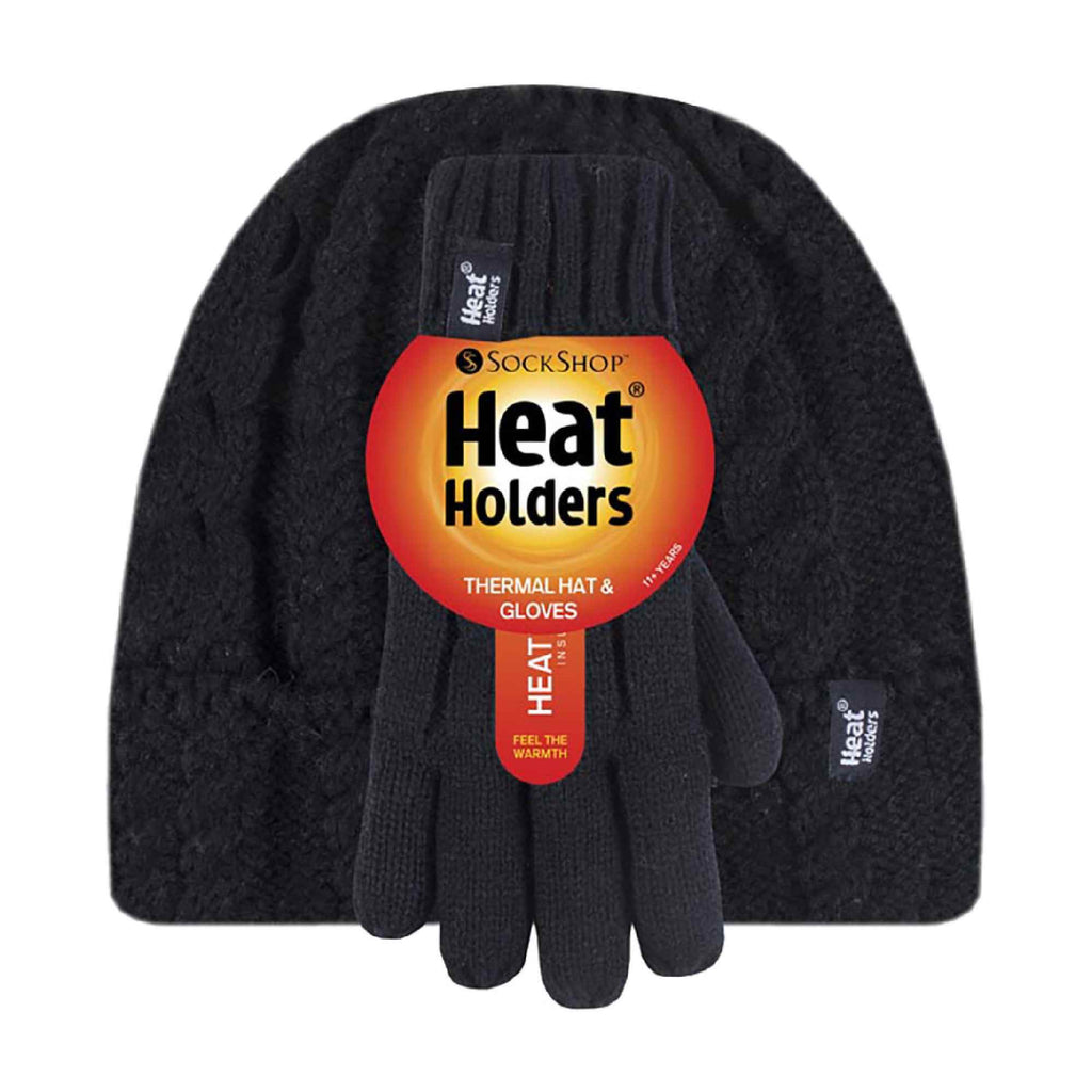 Kids Girls Cable Knitted Warm Fleece Lined Winter Hat & Gloves Set