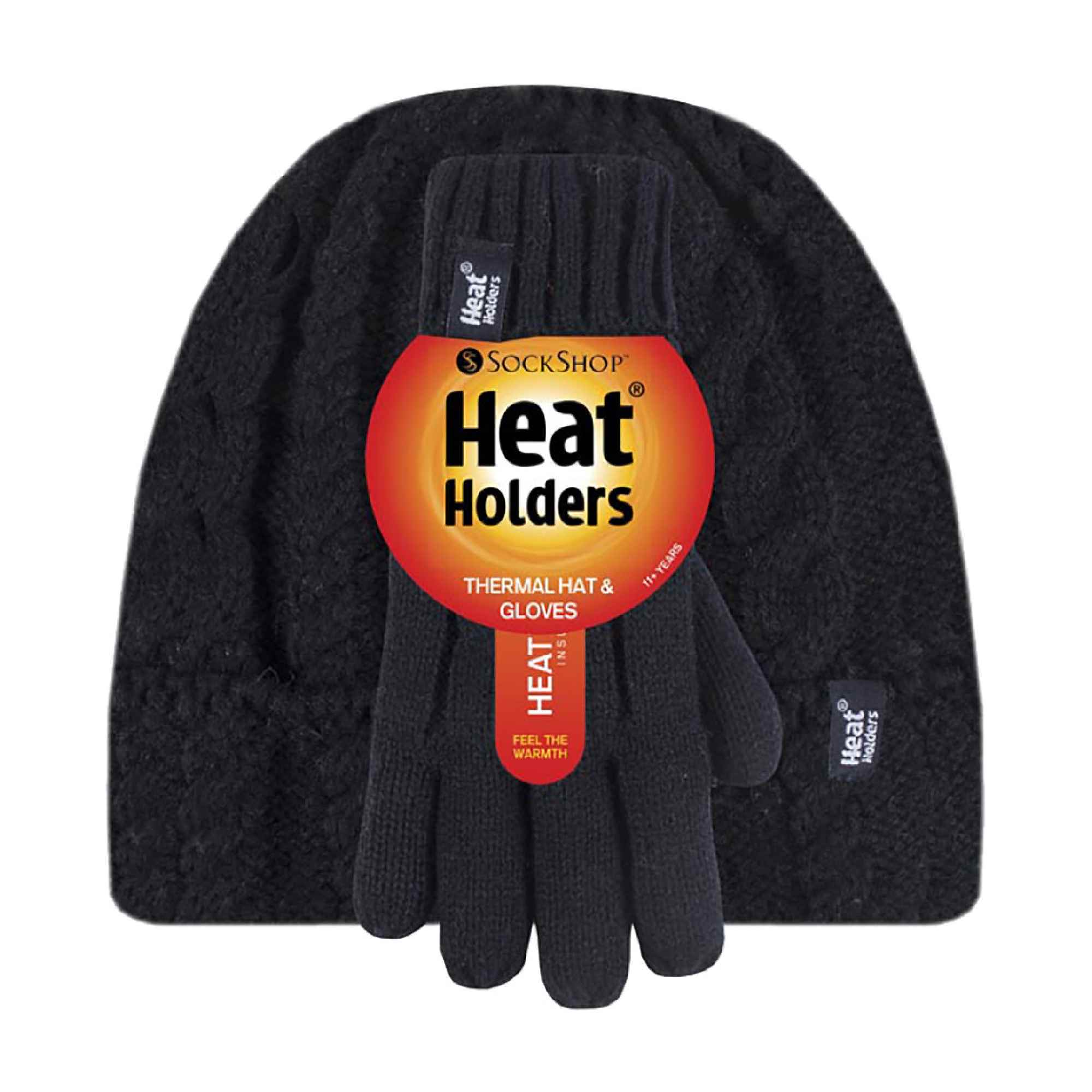 Kids Girls Cable Knitted Warm Fleece Lined Winter Hat & Gloves Set