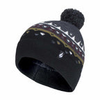 Mens Thin Patterned Knit Fleece Lined Pom Pom Hat for Winter