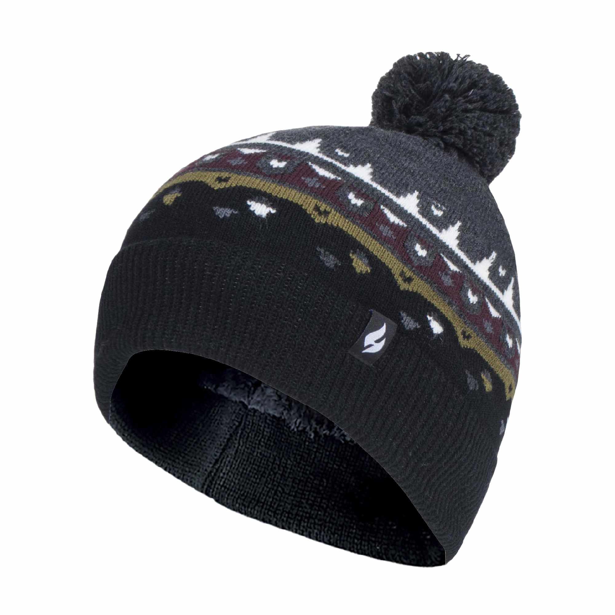Mens Thin Patterned Knit Fleece Lined Pom Pom Hat for Winter