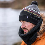 Mens Thin Patterned Knit Fleece Lined Pom Pom Hat for Winter