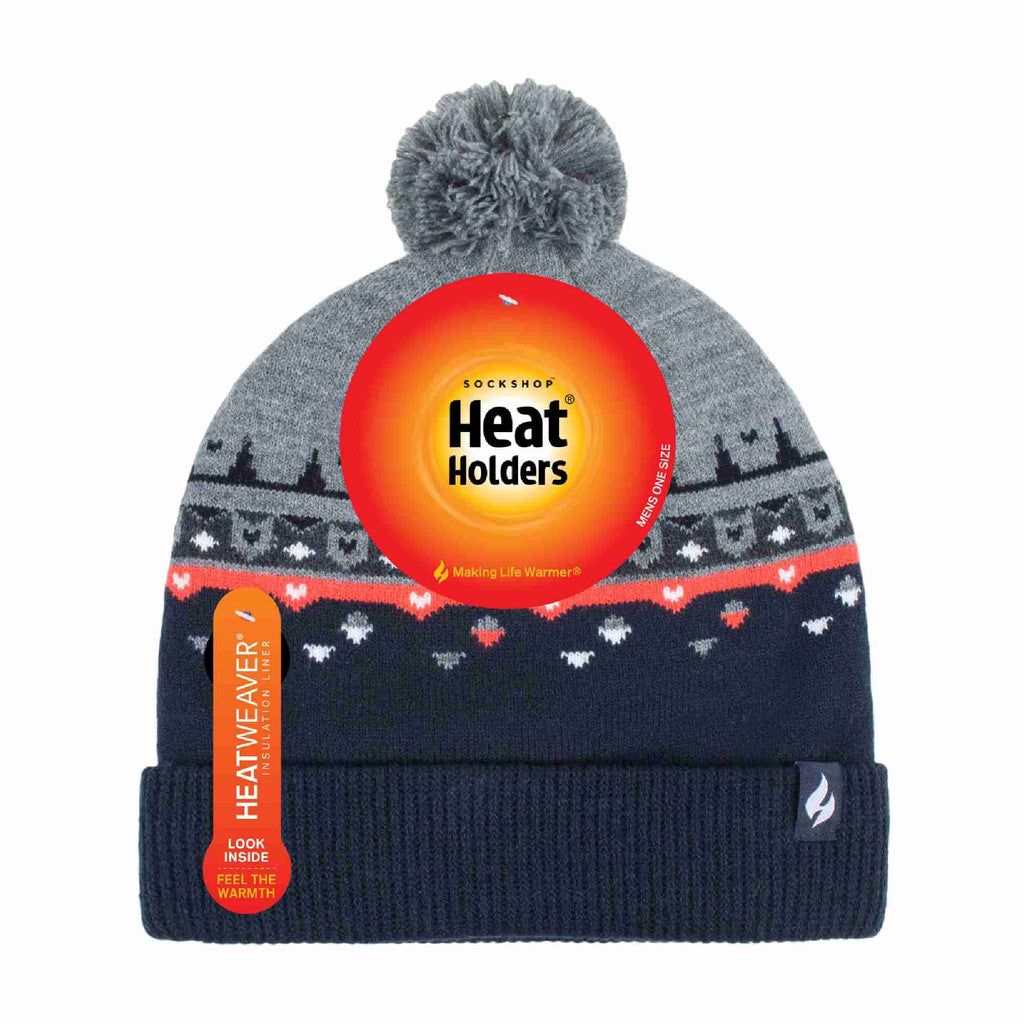 Mens Thin Patterned Knit Fleece Lined Pom Pom Hat for Winter