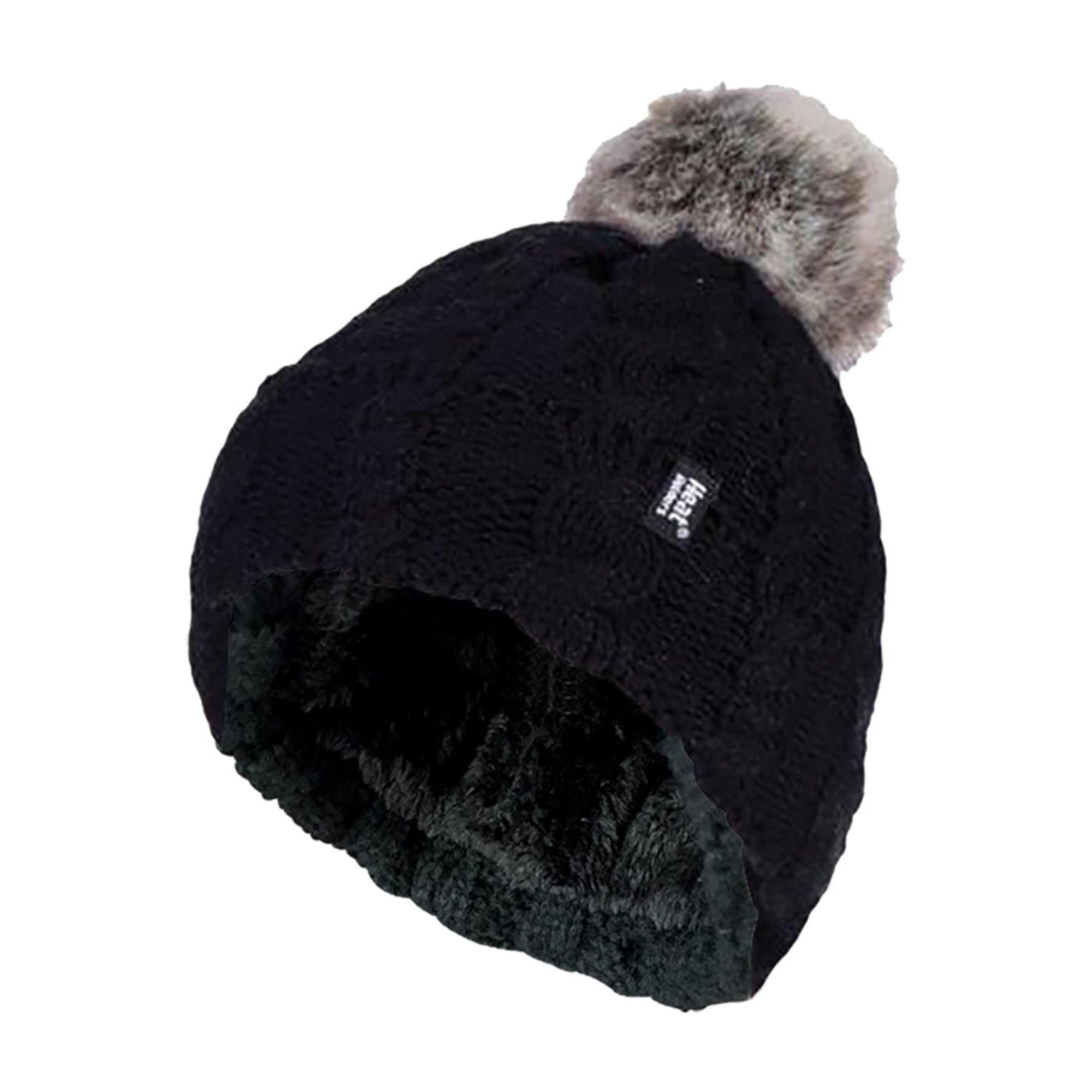 Ladies Cable Knit Fleece Lined Thermal Winter Bobble Hat with Pom Pom
