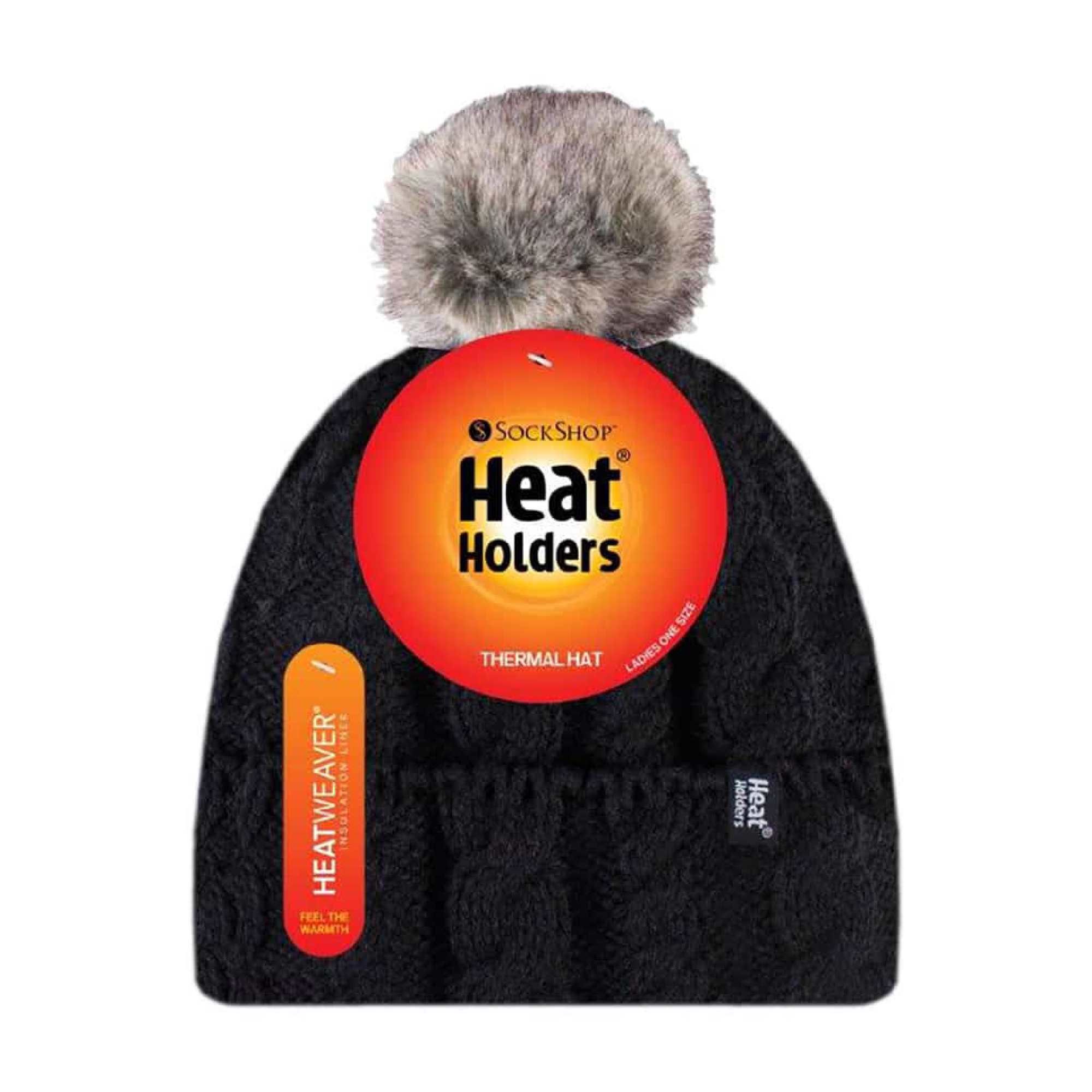 Ladies Cable Knit Fleece Lined Thermal Winter Bobble Hat with Pom Pom