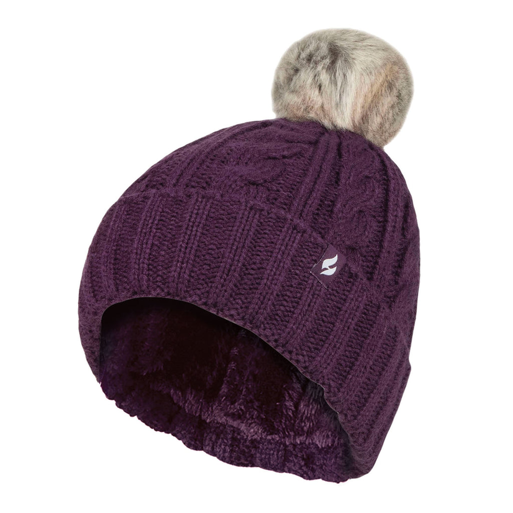Ladies Cable Knit Fleece Lined Thermal Winter Bobble Hat with Pom Pom