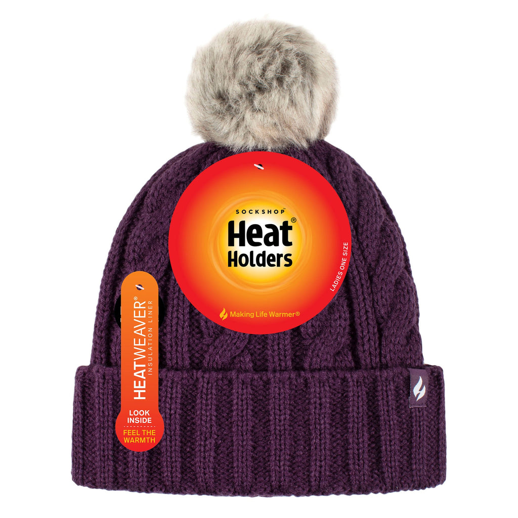 Ladies Cable Knit Fleece Lined Thermal Winter Bobble Hat with Pom Pom