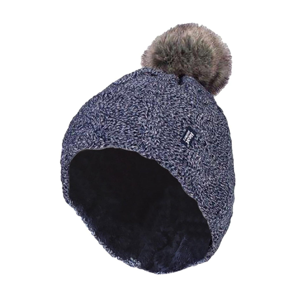 Ladies Cable Knit Fleece Lined Thermal Winter Bobble Hat with Pom Pom