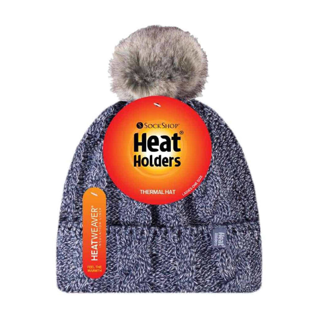 Ladies Cable Knit Fleece Lined Thermal Winter Bobble Hat with Pom Pom