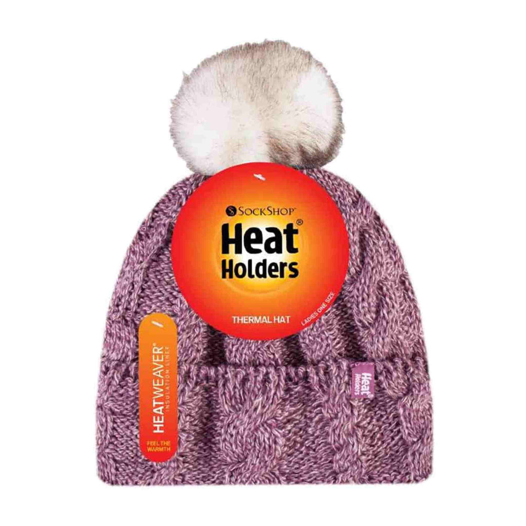 Ladies Cable Knit Fleece Lined Thermal Winter Bobble Hat with Pom Pom