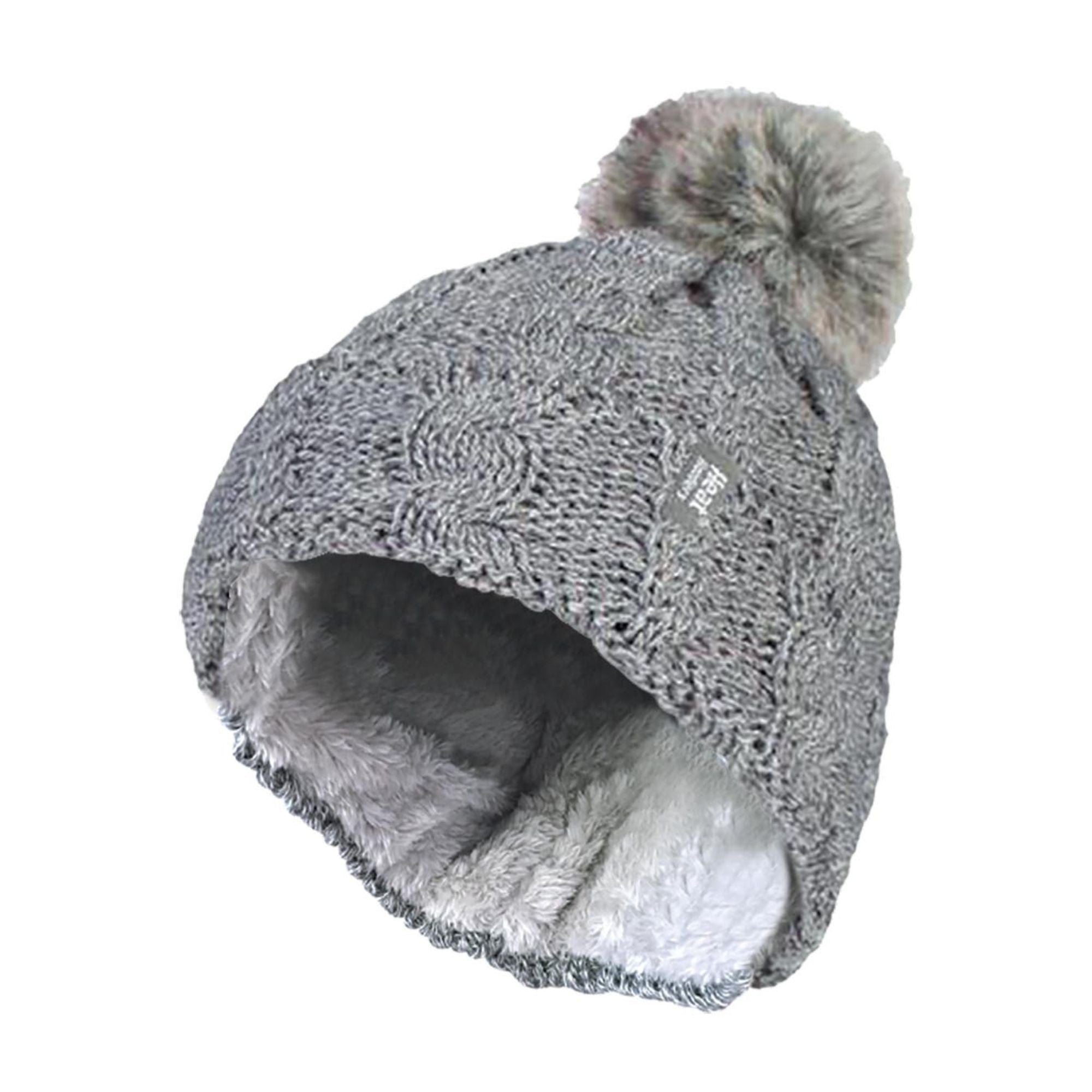 Ladies Cable Knit Fleece Lined Thermal Winter Bobble Hat with Pom Pom
