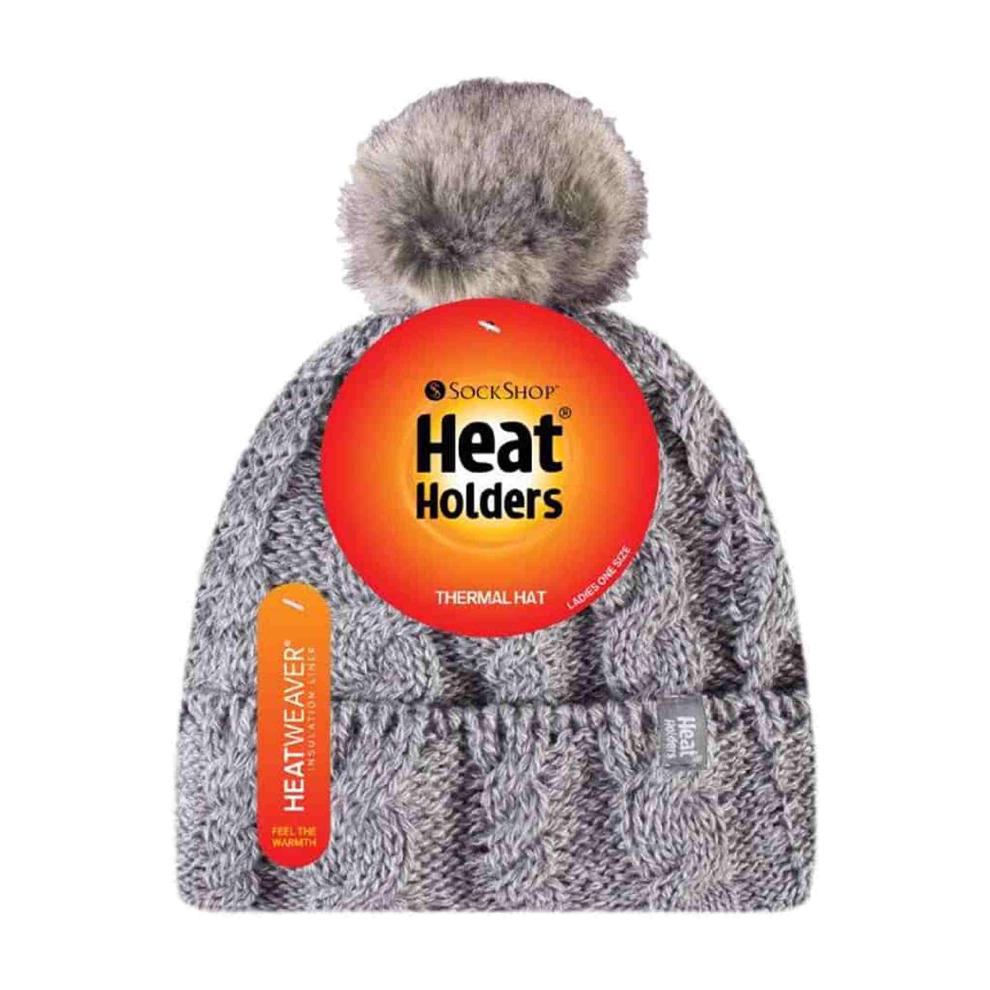 Ladies Cable Knit Fleece Lined Thermal Winter Bobble Hat with Pom Pom