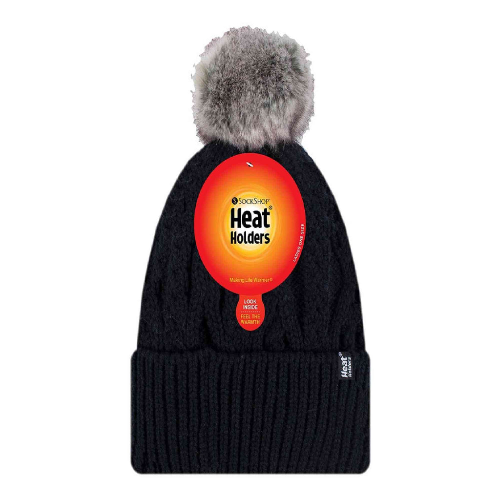 Ladies Knitted Turnover Cuffed Pom Pom Beanie Hat with Bobble