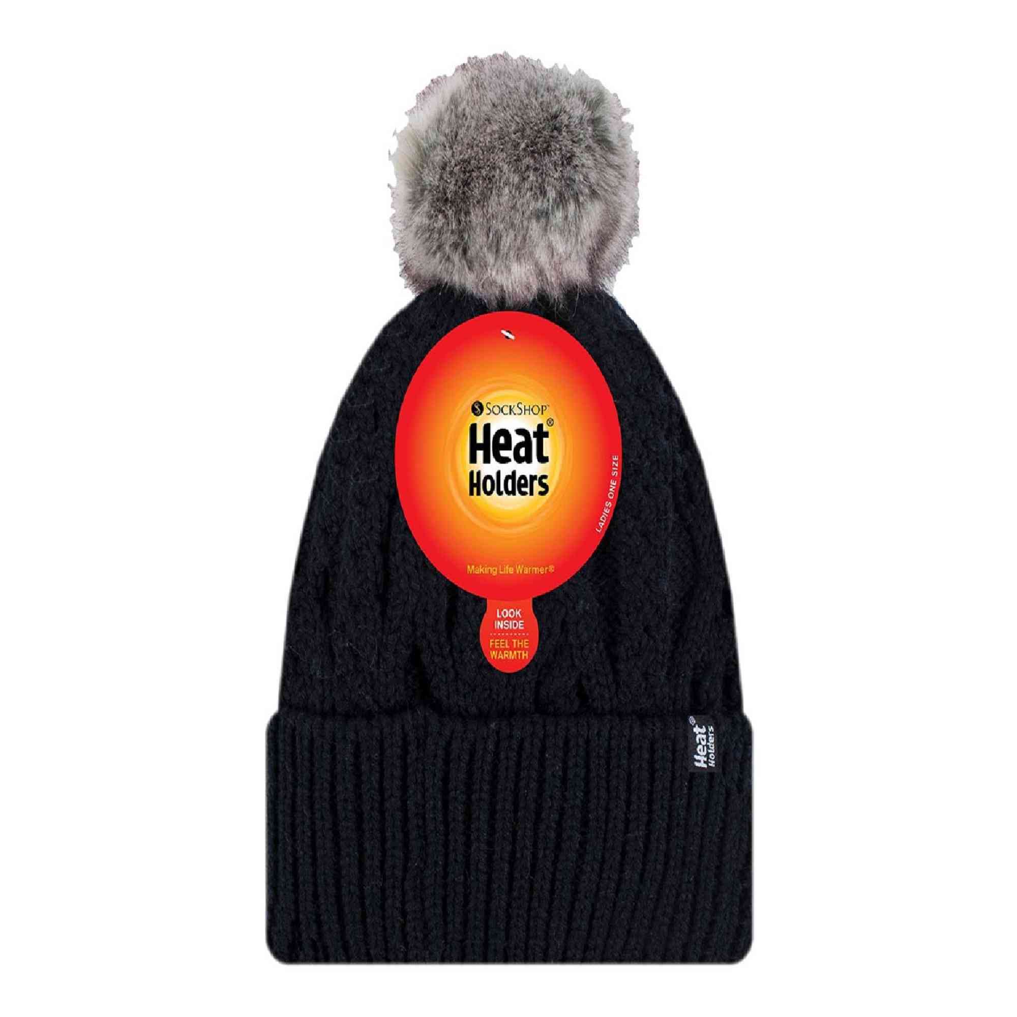 Ladies Knitted Turnover Cuffed Pom Pom Beanie Hat with Bobble