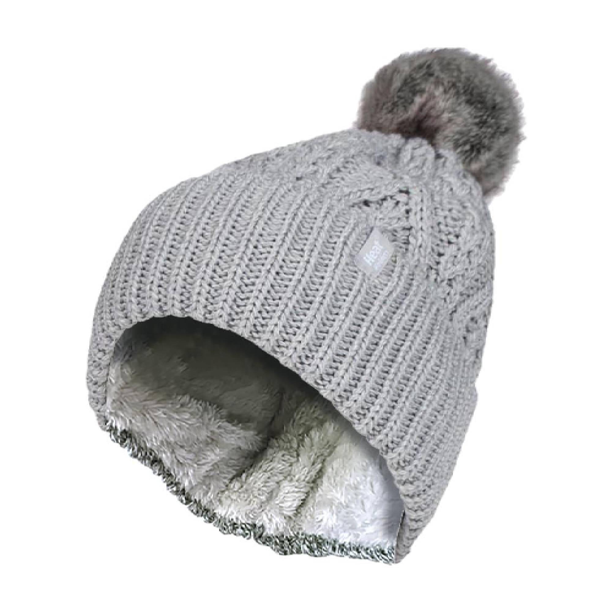 Ladies Knitted Turnover Cuffed Pom Pom Beanie Hat with Bobble