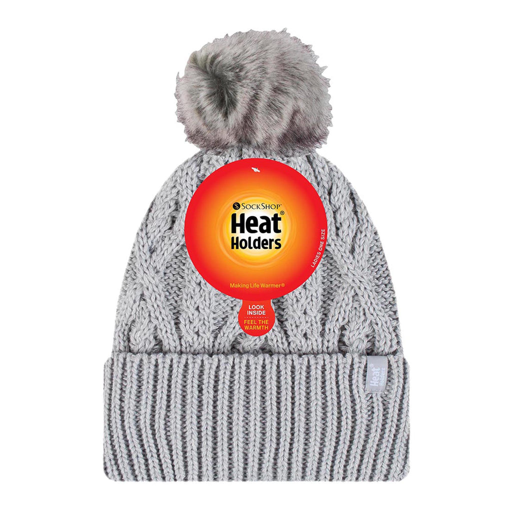 Ladies Knitted Turnover Cuffed Pom Pom Beanie Hat with Bobble