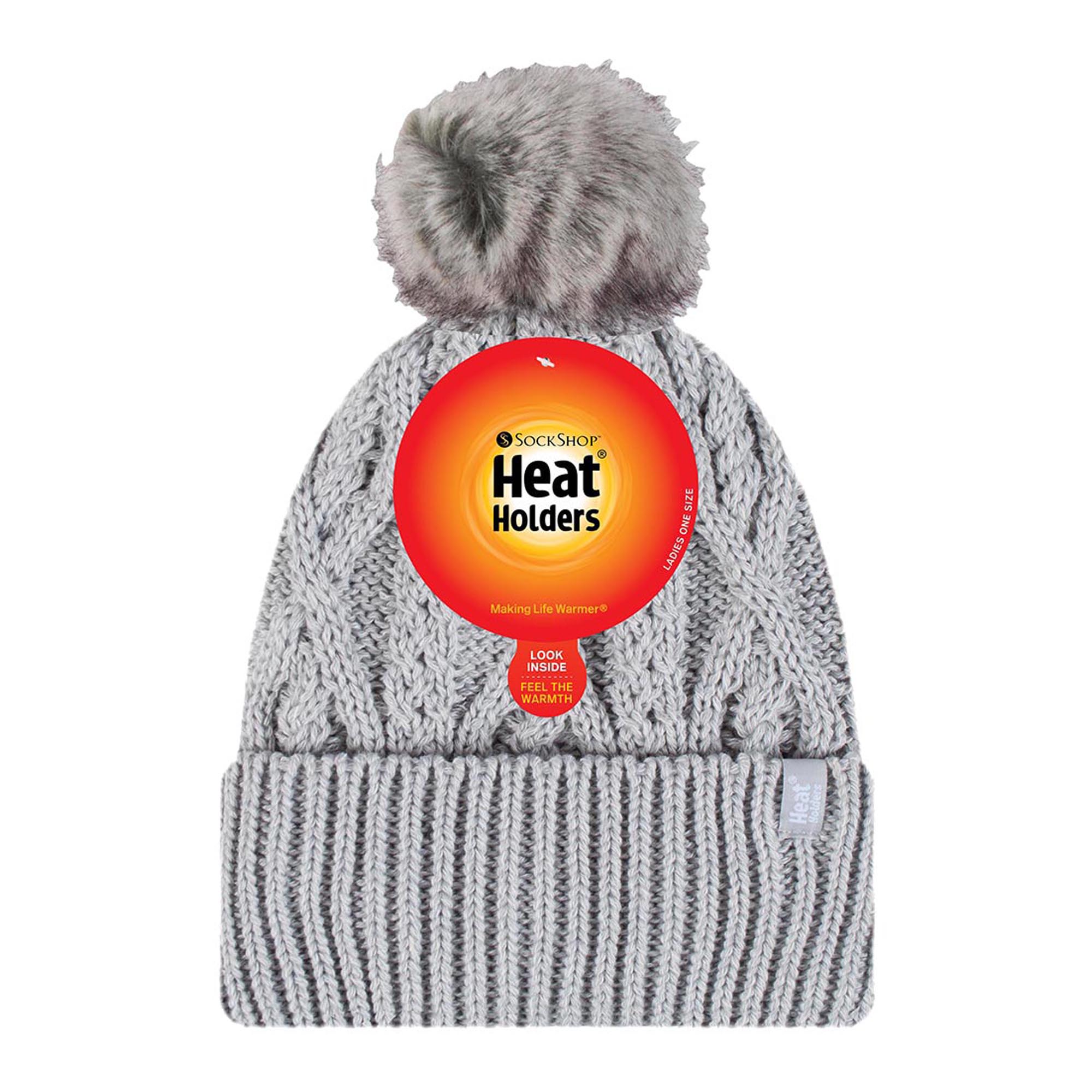Ladies Knitted Turnover Cuffed Pom Pom Beanie Hat with Bobble