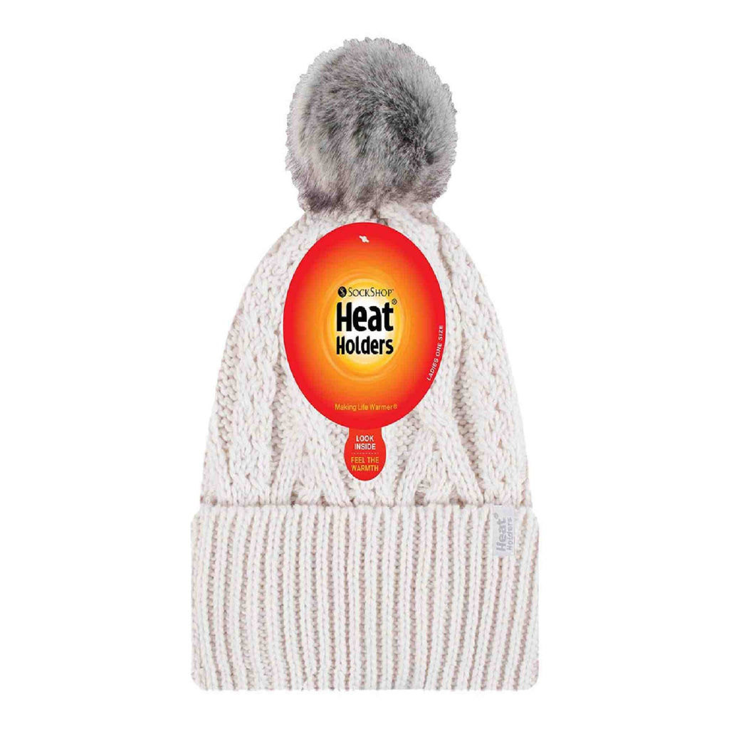Ladies Knitted Turnover Cuffed Pom Pom Beanie Hat with Bobble