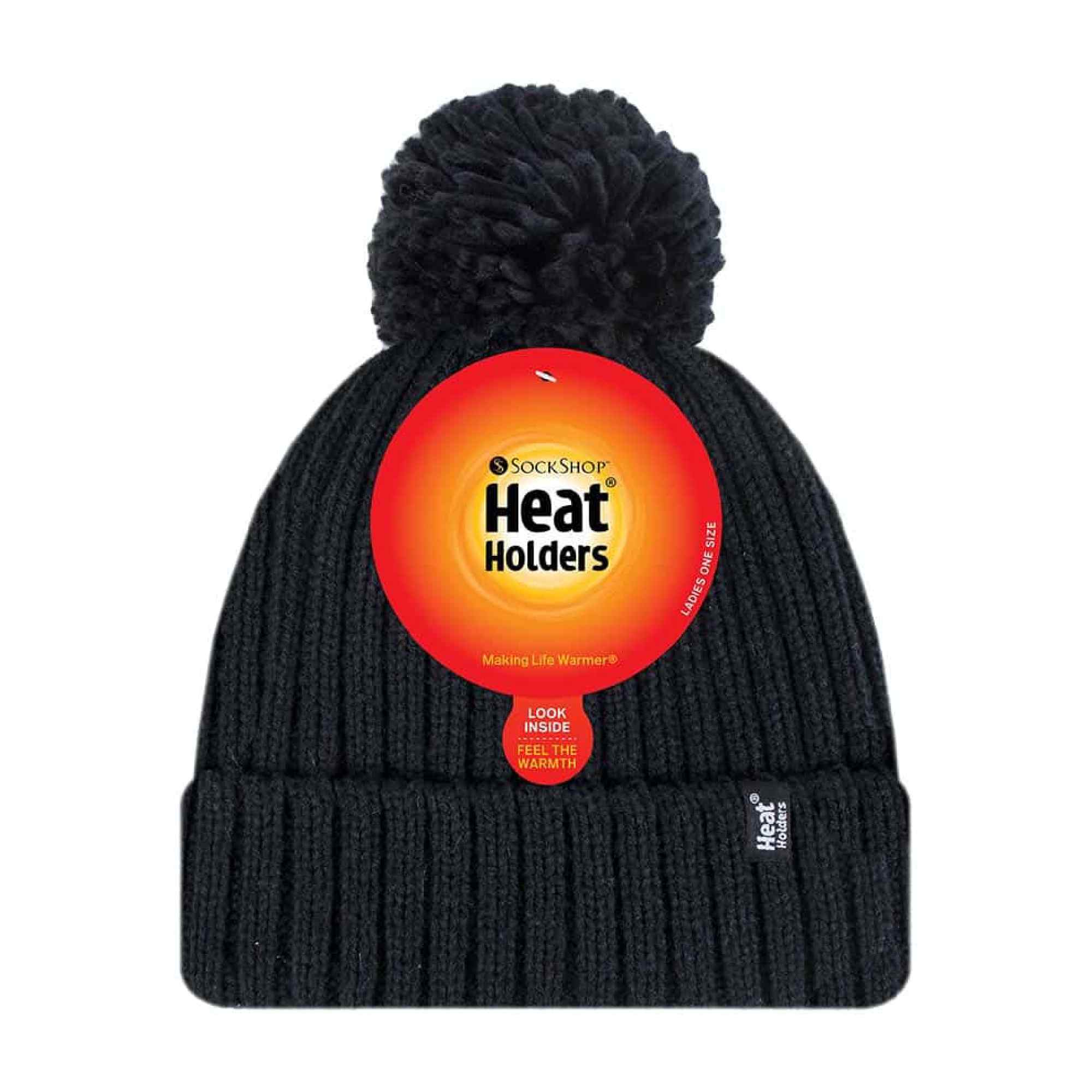 Ladies Ribbed Cuffed Thermal Insulated Winter Pom Pom Bobble Hat