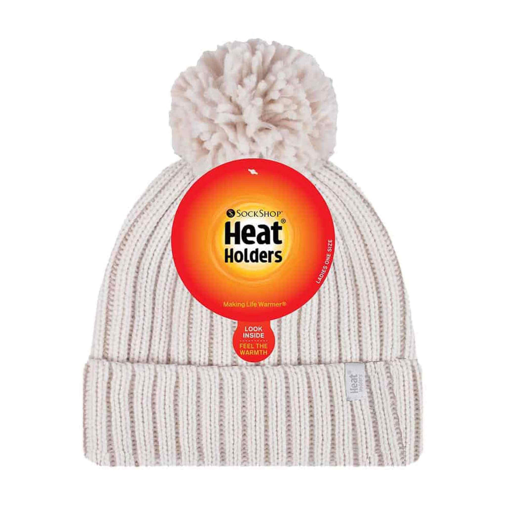 Ladies Ribbed Cuffed Thermal Insulated Winter Pom Pom Bobble Hat