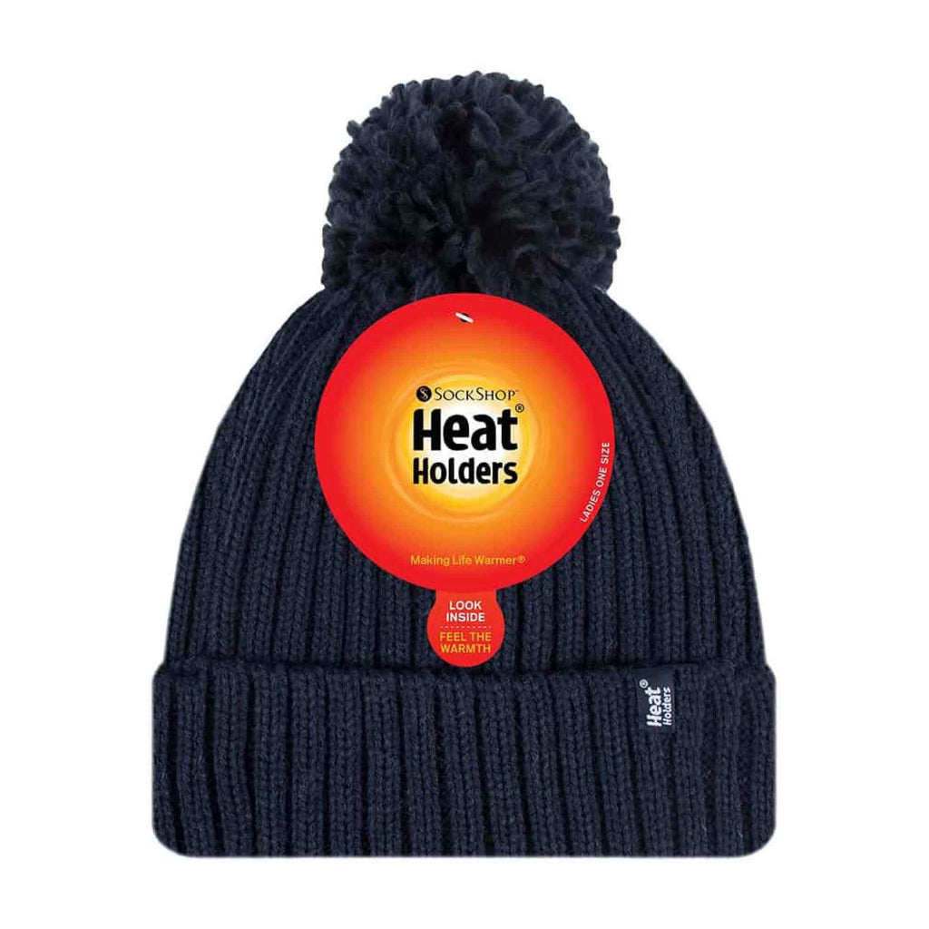 Ladies Ribbed Cuffed Thermal Insulated Winter Pom Pom Bobble Hat