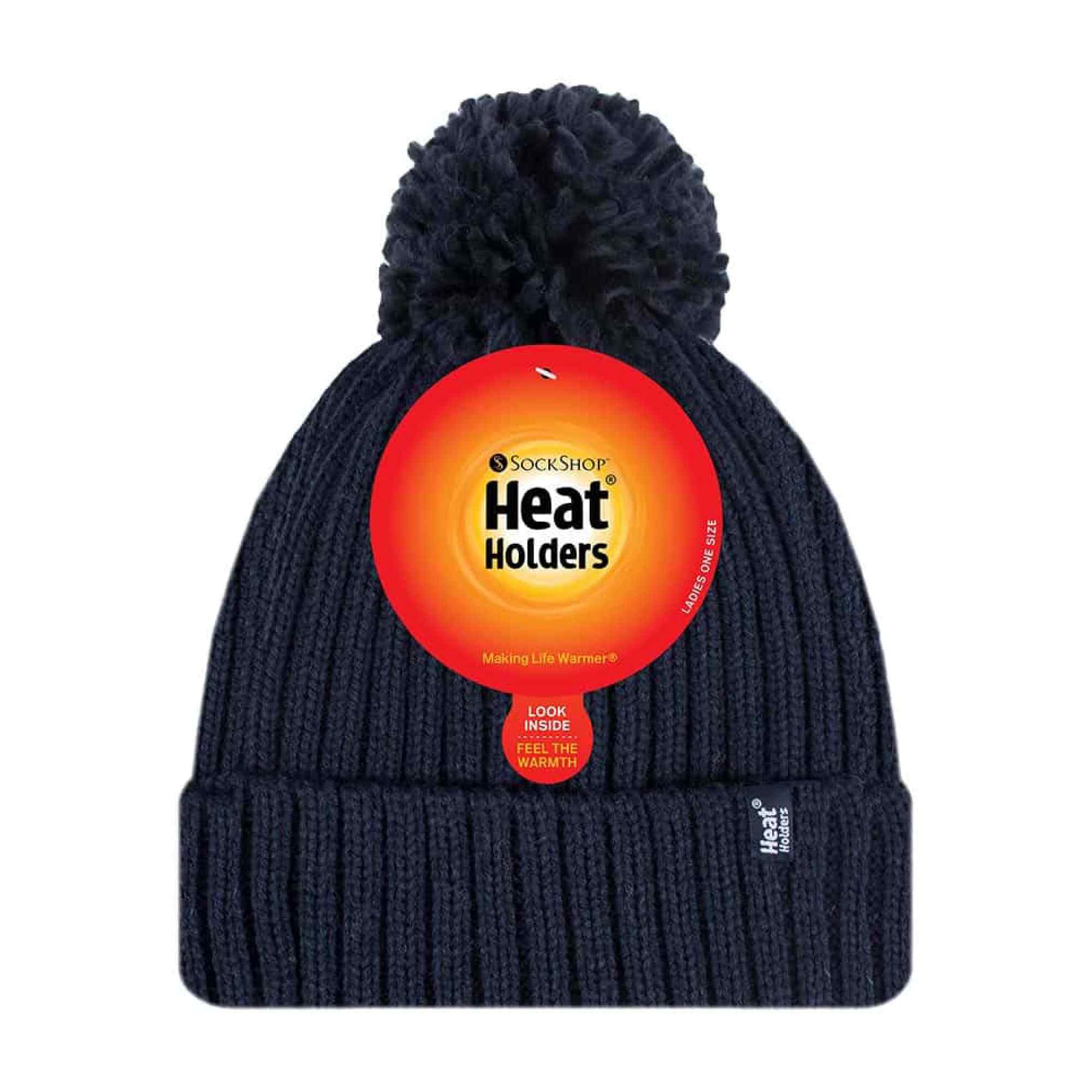 Ladies Ribbed Cuffed Thermal Insulated Winter Pom Pom Bobble Hat