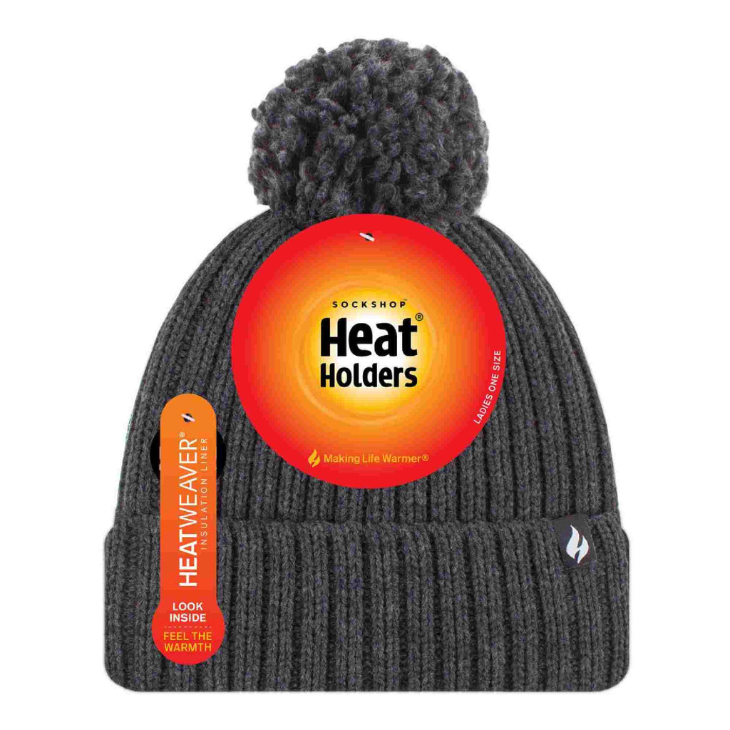 Ladies Ribbed Cuffed Thermal Insulated Winter Pom Pom Bobble Hat