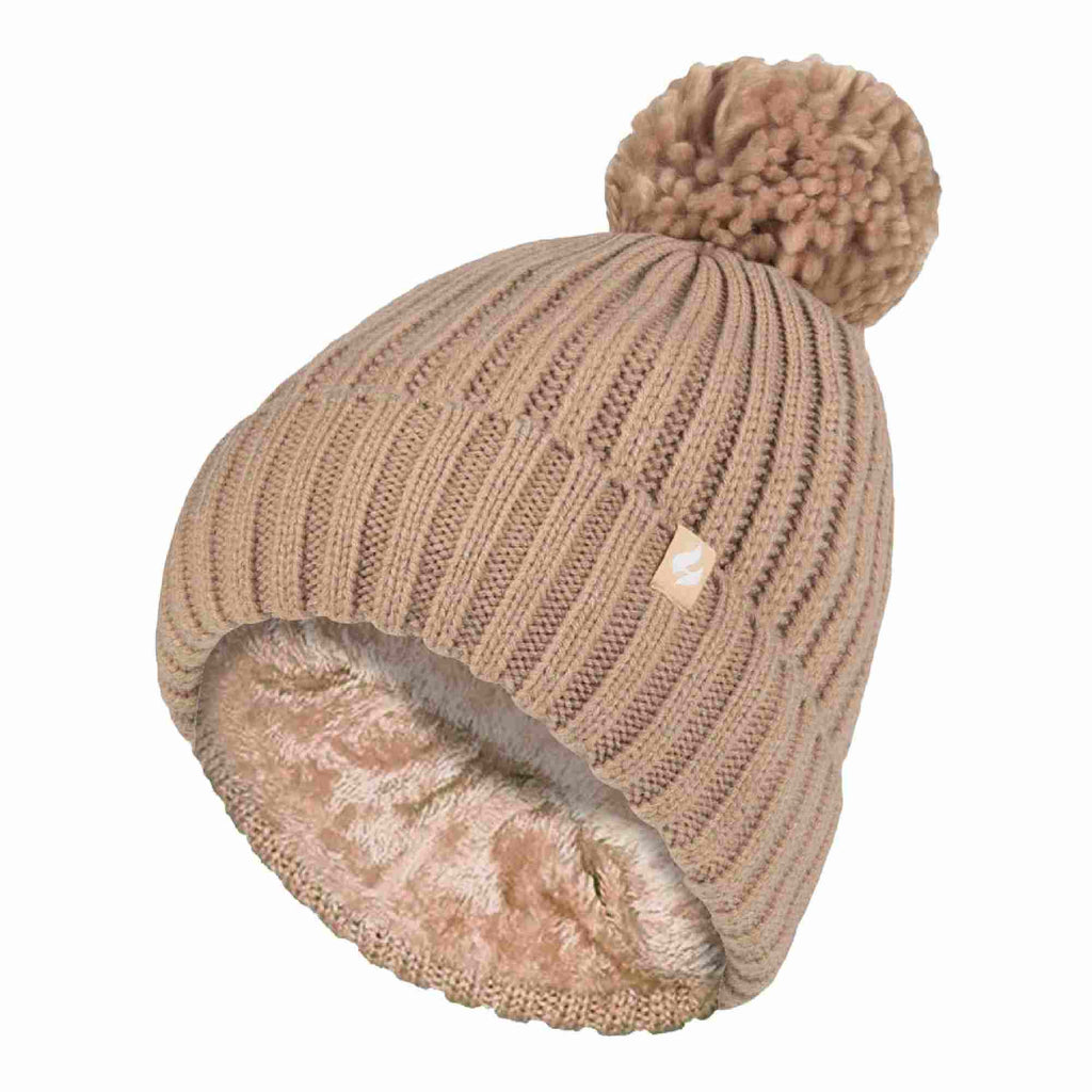 Ladies Ribbed Cuffed Thermal Insulated Winter Pom Pom Bobble Hat