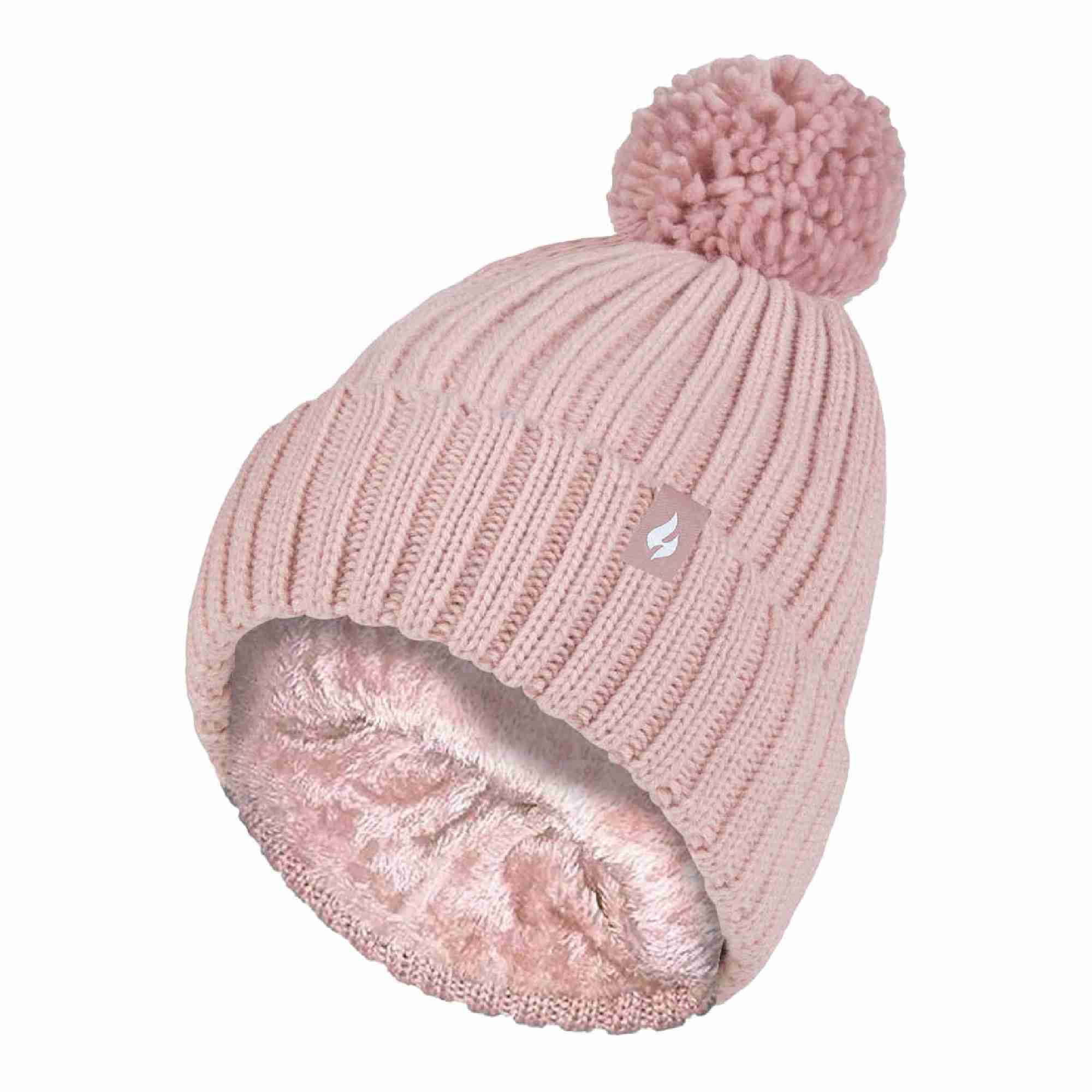 Ladies Ribbed Cuffed Thermal Insulated Winter Pom Pom Bobble Hat