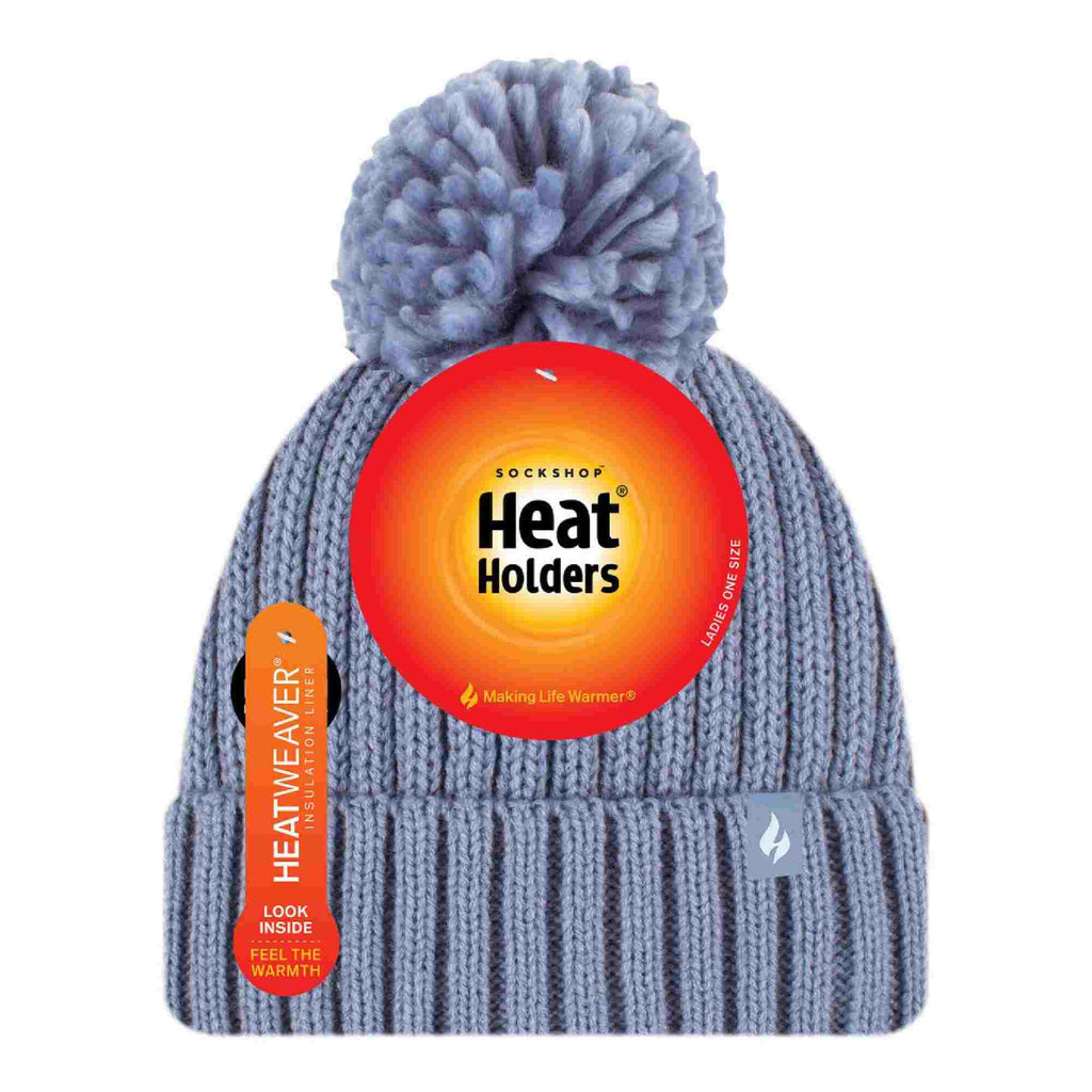Ladies Ribbed Cuffed Thermal Insulated Winter Pom Pom Bobble Hat