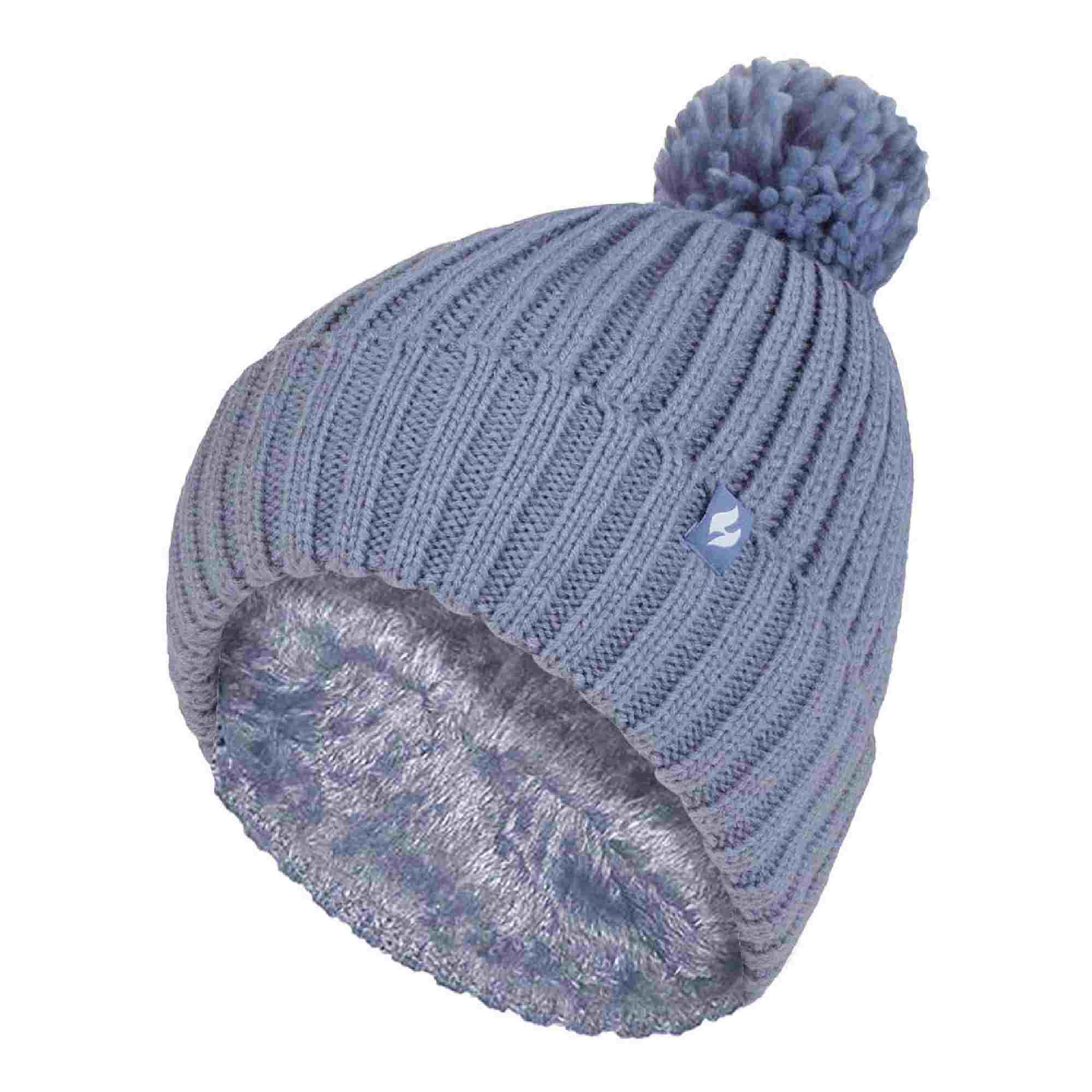 Ladies Ribbed Cuffed Thermal Insulated Winter Pom Pom Bobble Hat