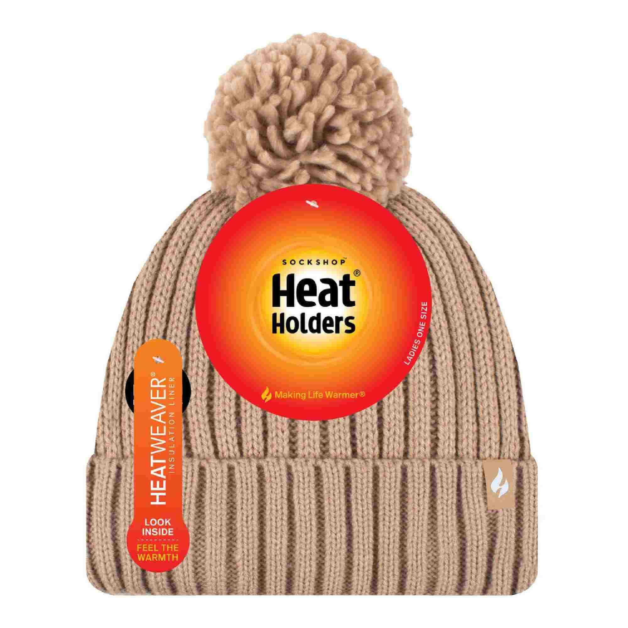 Ladies Ribbed Cuffed Thermal Insulated Winter Pom Pom Bobble Hat