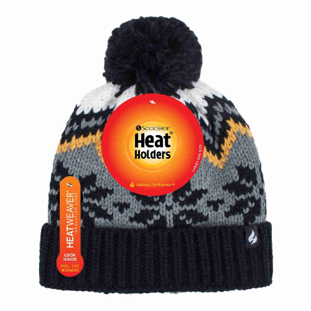 Ladies Fairisle Patterned Winter Thermal Beanie Hat with Pom Pom