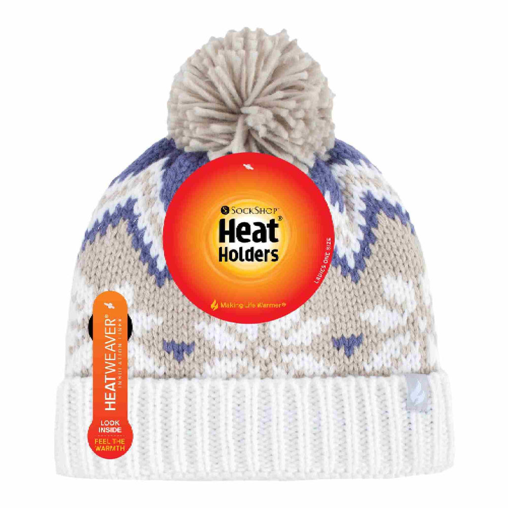Ladies Fairisle Patterned Winter Thermal Beanie Hat with Pom Pom
