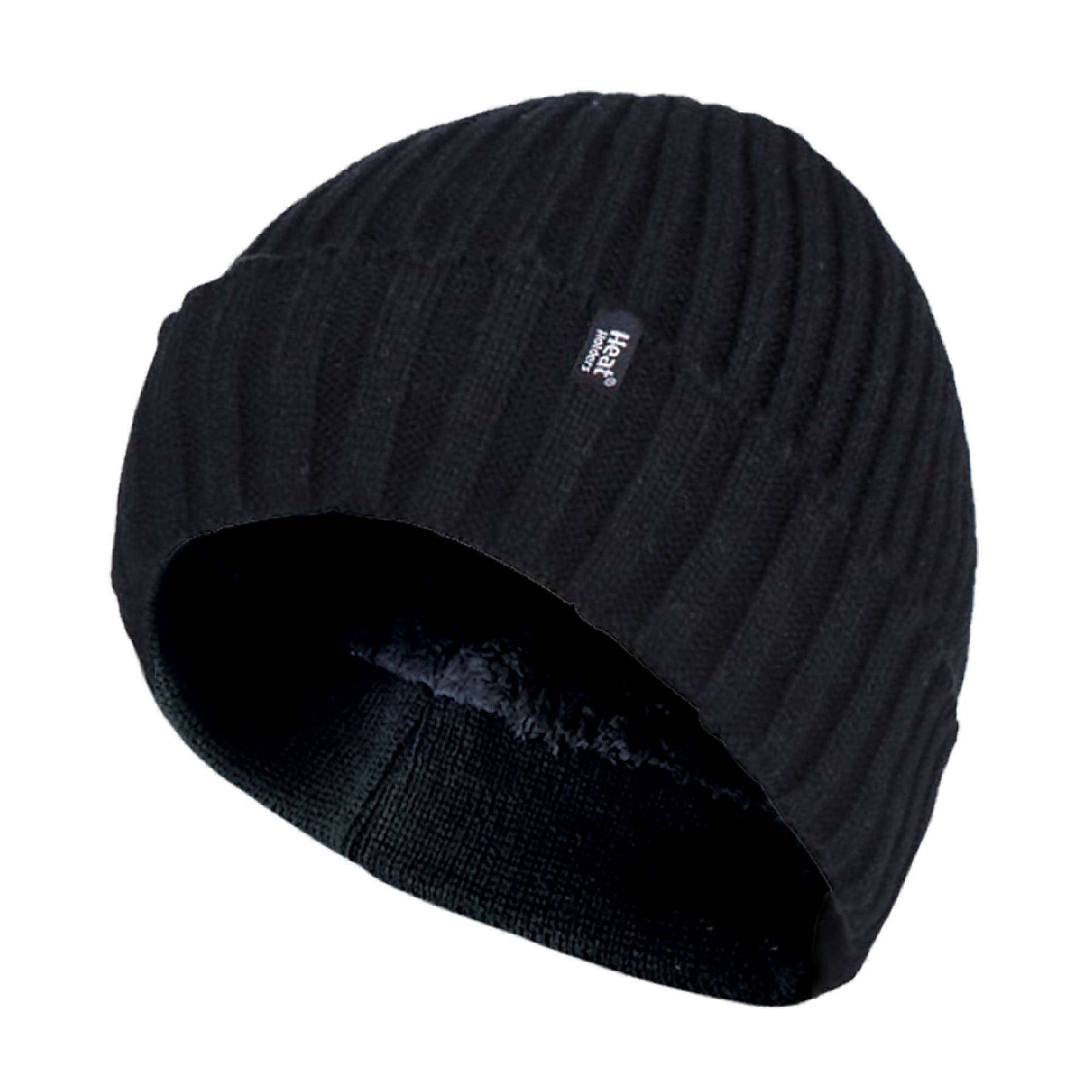 Mens Ribbed Knit Fleece Lined Turn Over Cuff Thermal Beanie Hat