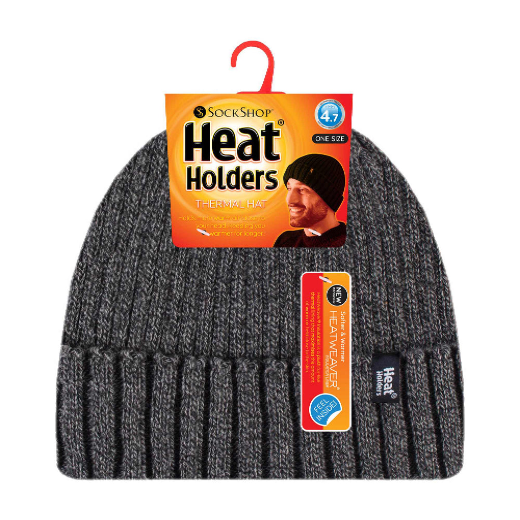 Mens Ribbed Knit Fleece Lined Turn Over Cuff Thermal Beanie Hat