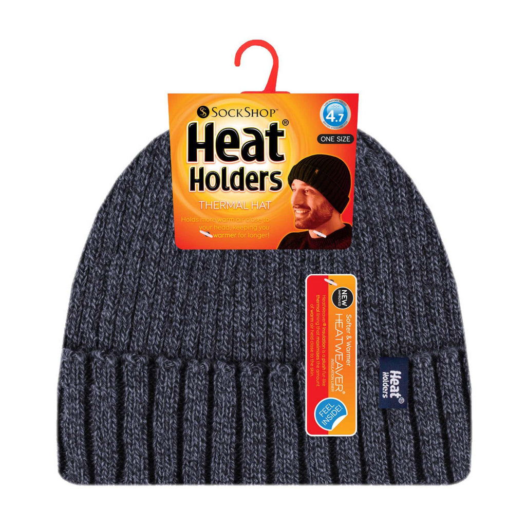 Mens Ribbed Knit Fleece Lined Turn Over Cuff Thermal Beanie Hat