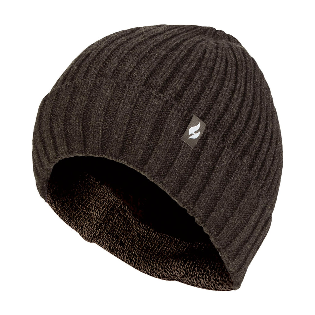 Mens Ribbed Knit Fleece Lined Turn Over Cuff Thermal Beanie Hat