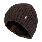 Mens Ribbed Knit Fleece Lined Turn Over Cuff Thermal Beanie Hat
