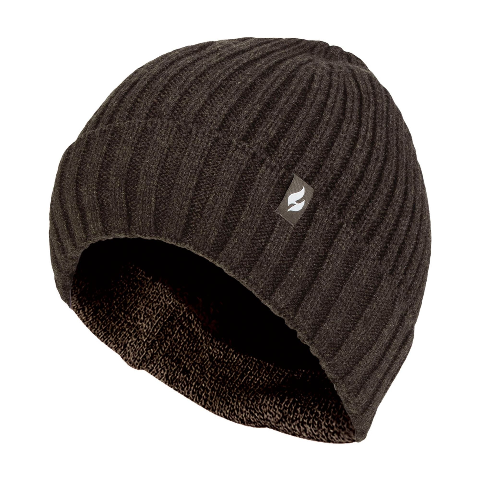 Mens Ribbed Knit Fleece Lined Turn Over Cuff Thermal Beanie Hat