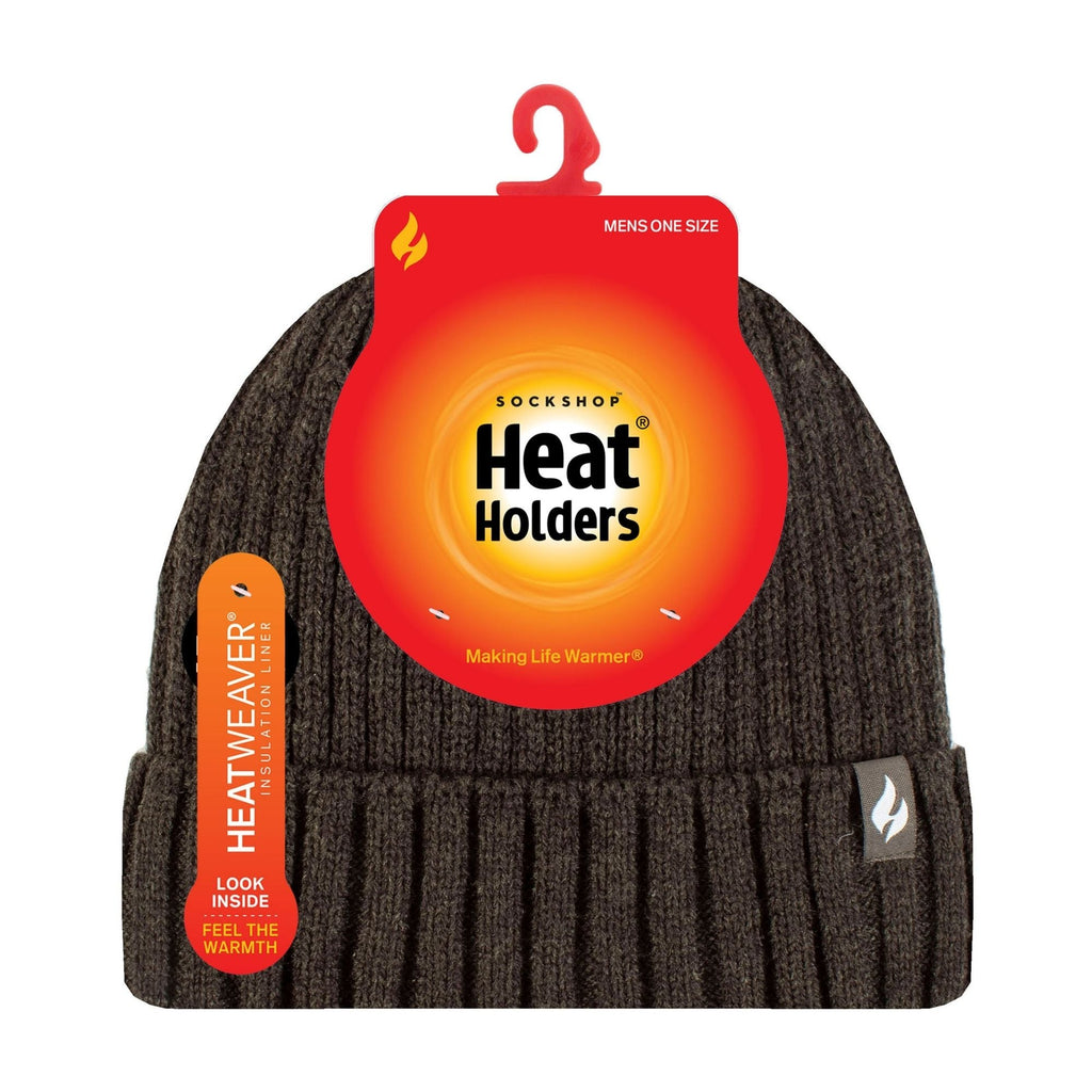 Mens Ribbed Knit Fleece Lined Turn Over Cuff Thermal Beanie Hat