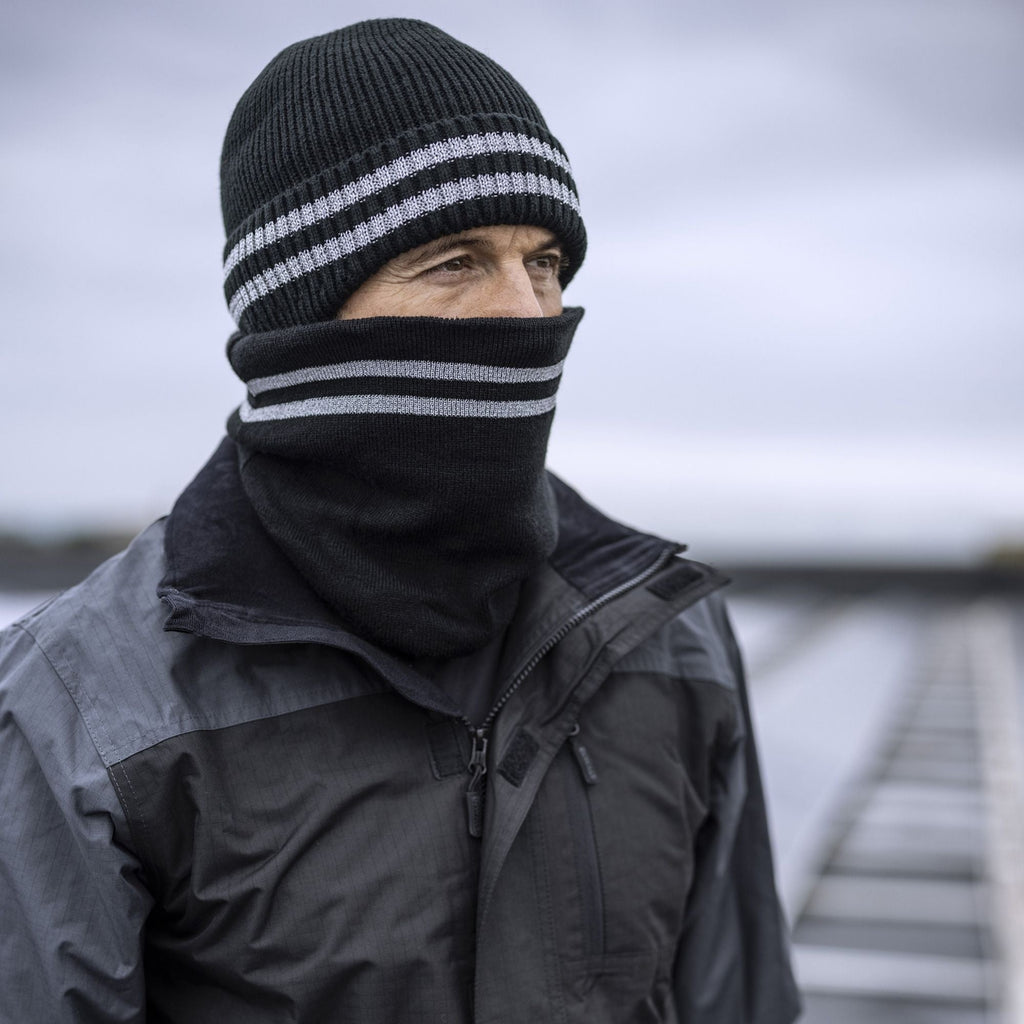 Mens Hi Vis Reflective Fleece Lined Thermal Winter Hat with Drop Neck