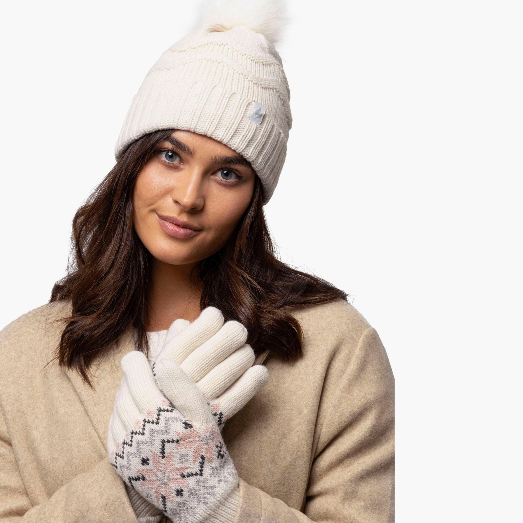 Ladies Zig Zag Turnover Thermal Pom Pom Hat for Winter