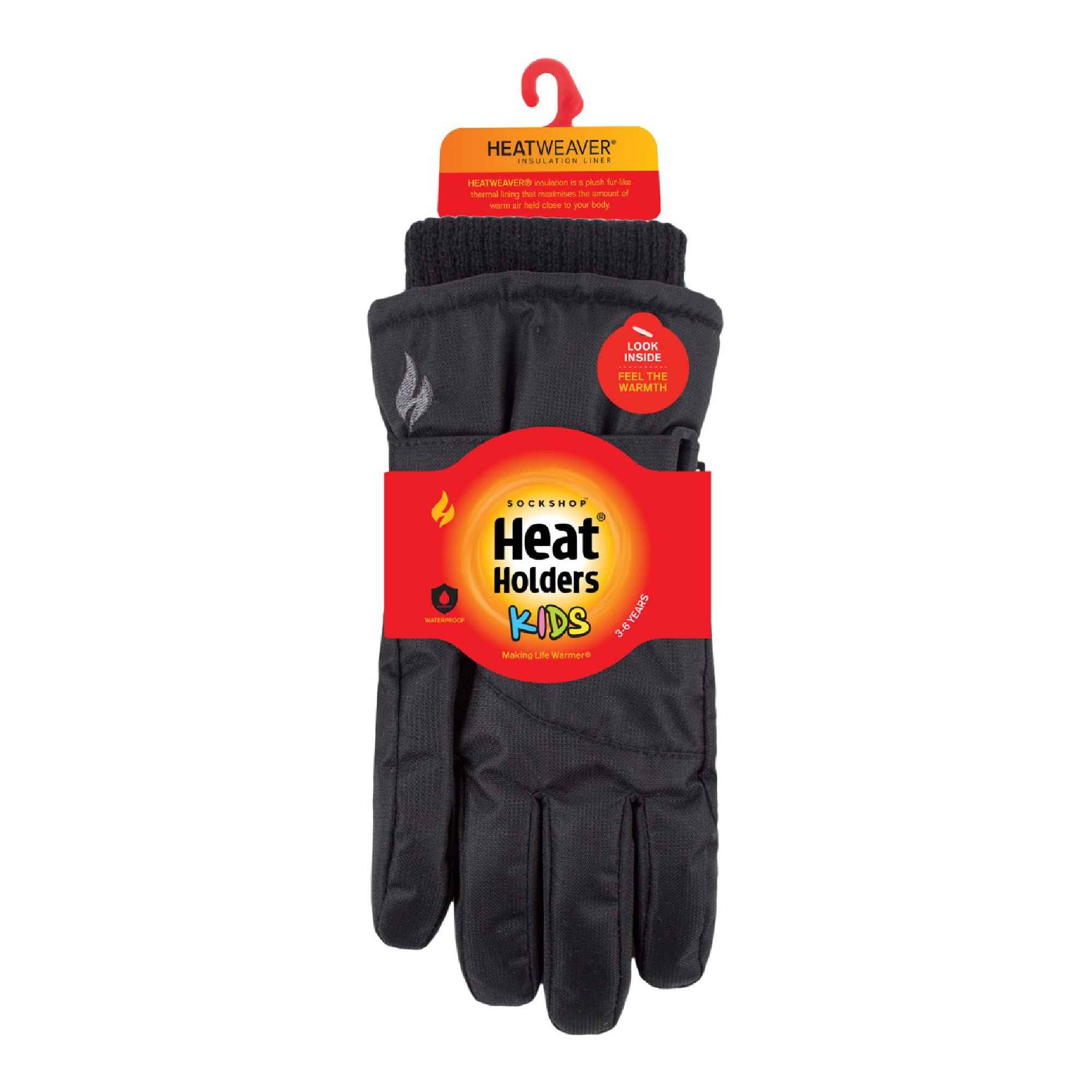 Childrens Black Winter Fleece Lined Waterproof Thermal Snow Ski Gloves