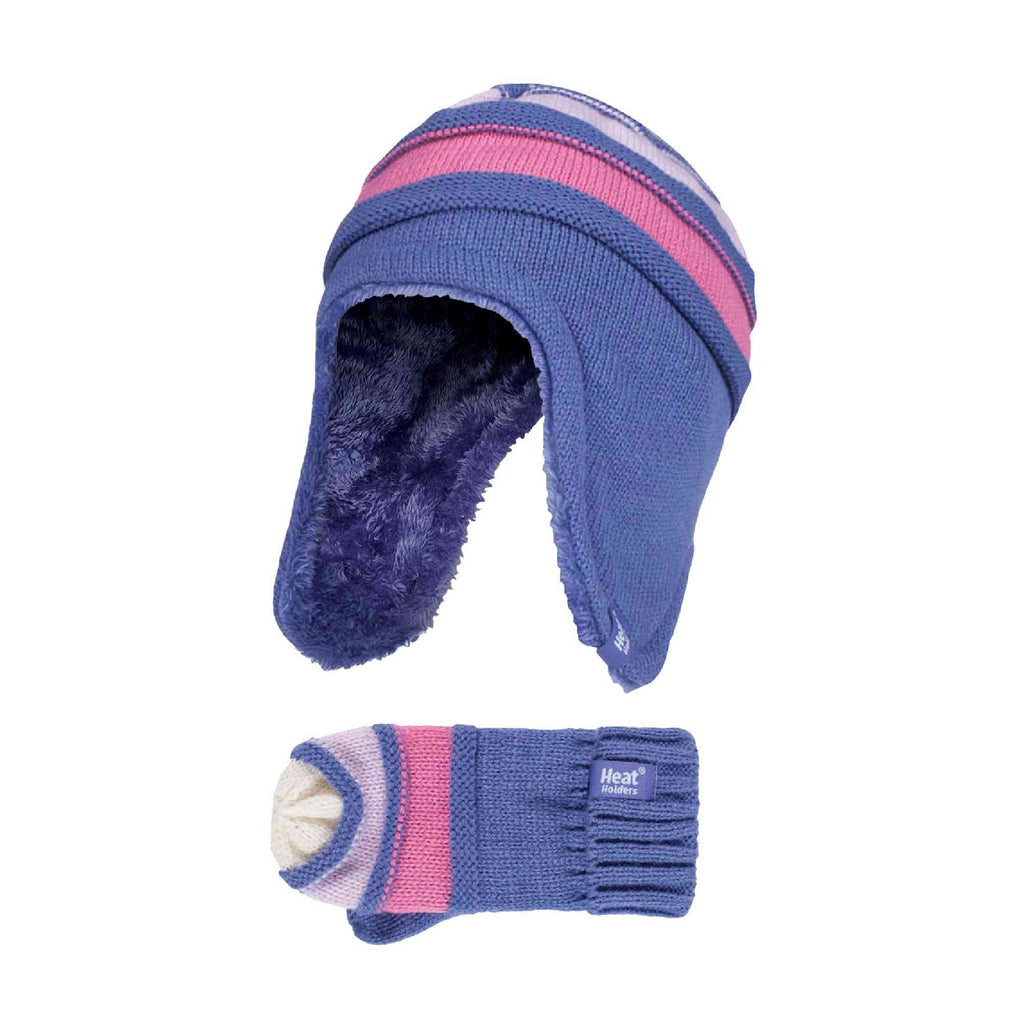 Kids Winter Warm Fleece Lined Thermal Beanie Hat & Mittens with Ear Flaps